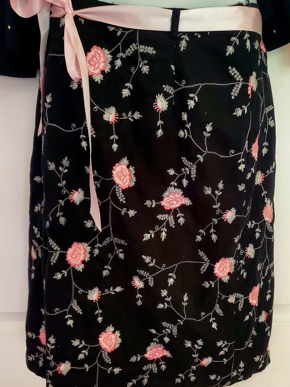 Vintage Skirt with Pink Floral Embroidery and Pink Ribbon